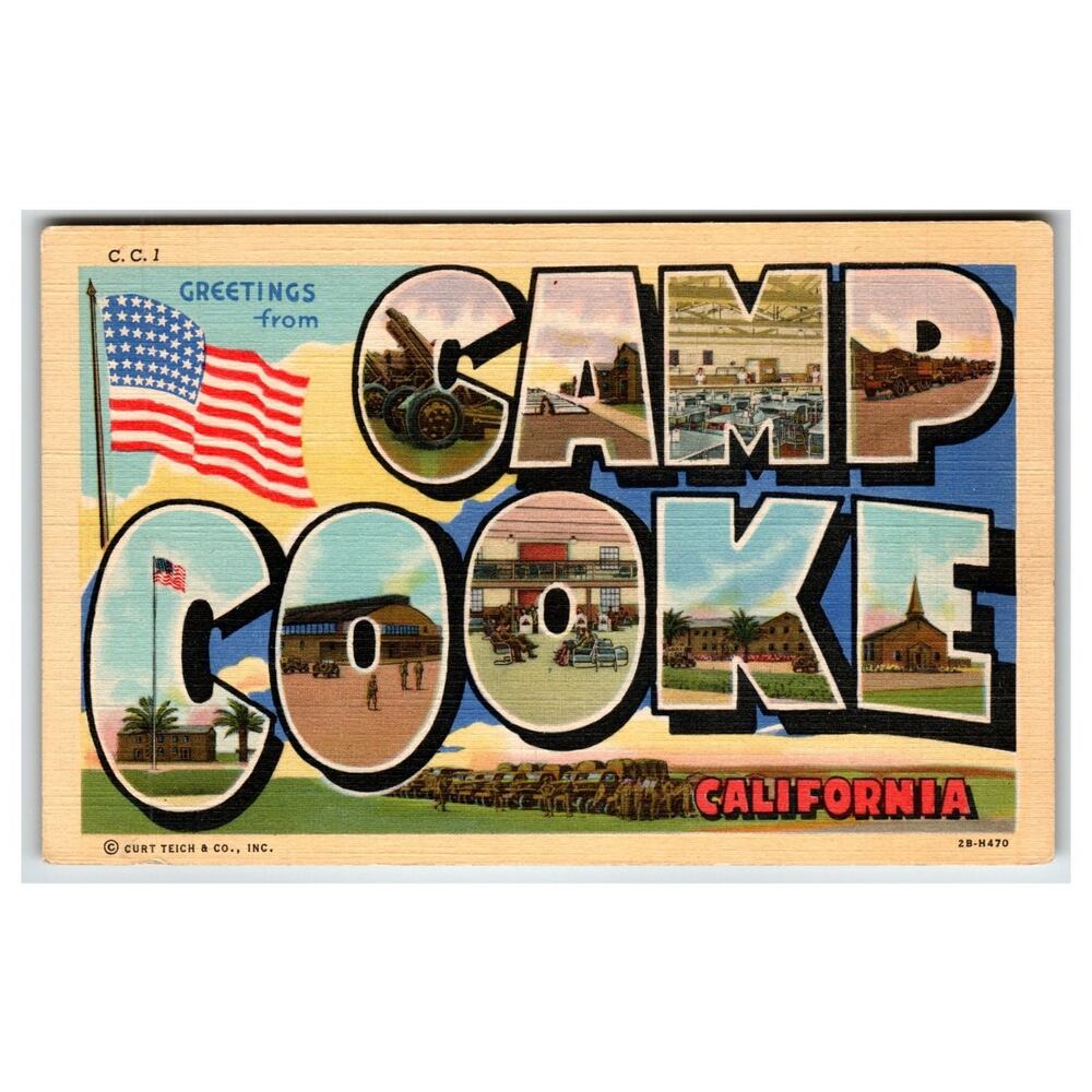 Vintage CAMP COOKE CALIFORNIA Large Letter Linen Postcard WWII Era Curt Teich